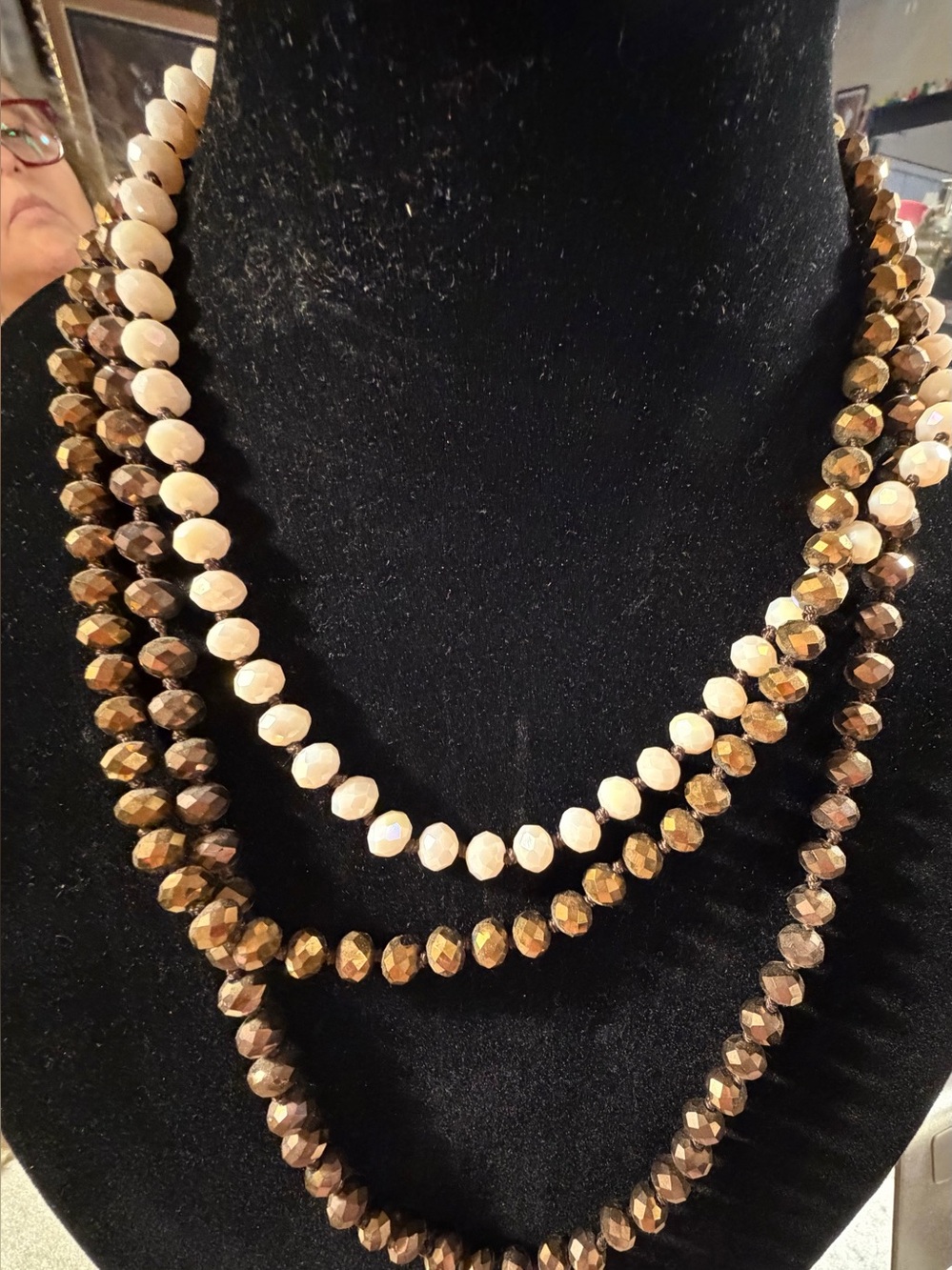 Triple-Strand Faceted Bead Necklace in Gold and Cream